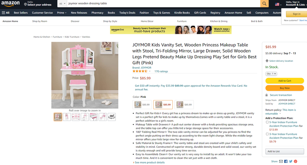 82521016 JOYMOR Kids Vanity Set, Wooden Princess Makeup Table with Stool, Tri-Folding Mirror, Large Drawer, Solid Wooden Legs Pretend Beauty Make Up Dressing Play Set for Girls Best Gift (Pink) G14000629