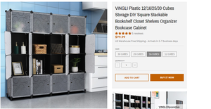 83121027 VINGLI Plastic 16 Cubes Storage DIY Square Stackable Bookshelf Closet Shelves Organizer Bookcase Cabinet G666-G13005049