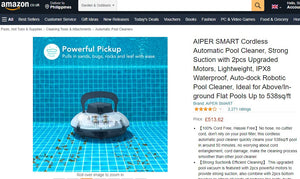 10012021B028 AIPER SMART Cordless Automatic Pool Cleaner, Strong Suction with 2pcs Upgraded Motors, Lightweight, IPX8 Waterproof, Auto-dock Robotic Pool Cleaner, Ideal for Above/In-ground Flat Pools Up to 538sq/ft
