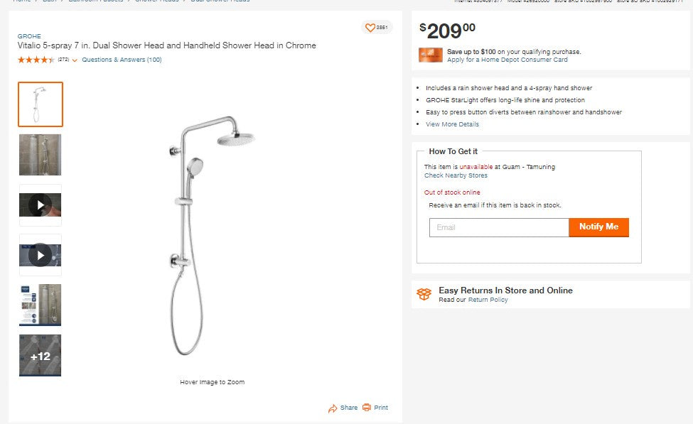 111221008 GROHE Vitalio 5-spray 7 in. Dual Shower Head and Handheld Shower Head in Chrome