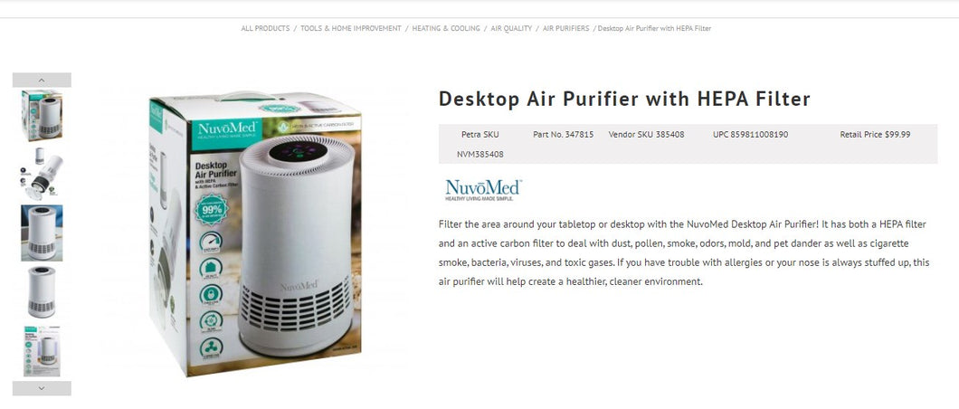 111221013 NUVOMED DESKTOP AIR PURIFIER WITH HEPA FILTER