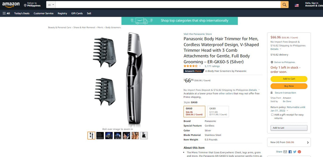 121621006 PANASONIC RECHARGEABLE BODY HAIR TRIMMER