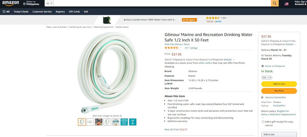 22822017 GILMOUR DRINKING WATER SAFE WATERHOSE 1/2 IN BY 25FOOT GREAT FOR RV;S MARINES AN PLAY