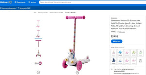 30922039 DIMENSIONS UNICORN SCOOTER WITH LIGHT UP WHEELS