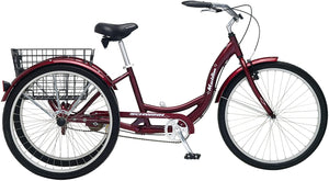 Schwinn Meridian Deluxe Adult Trike, Three Wheel Cruiser Bike, 3-Speed, 26-Inch Wheels, Cargo Basket, Red