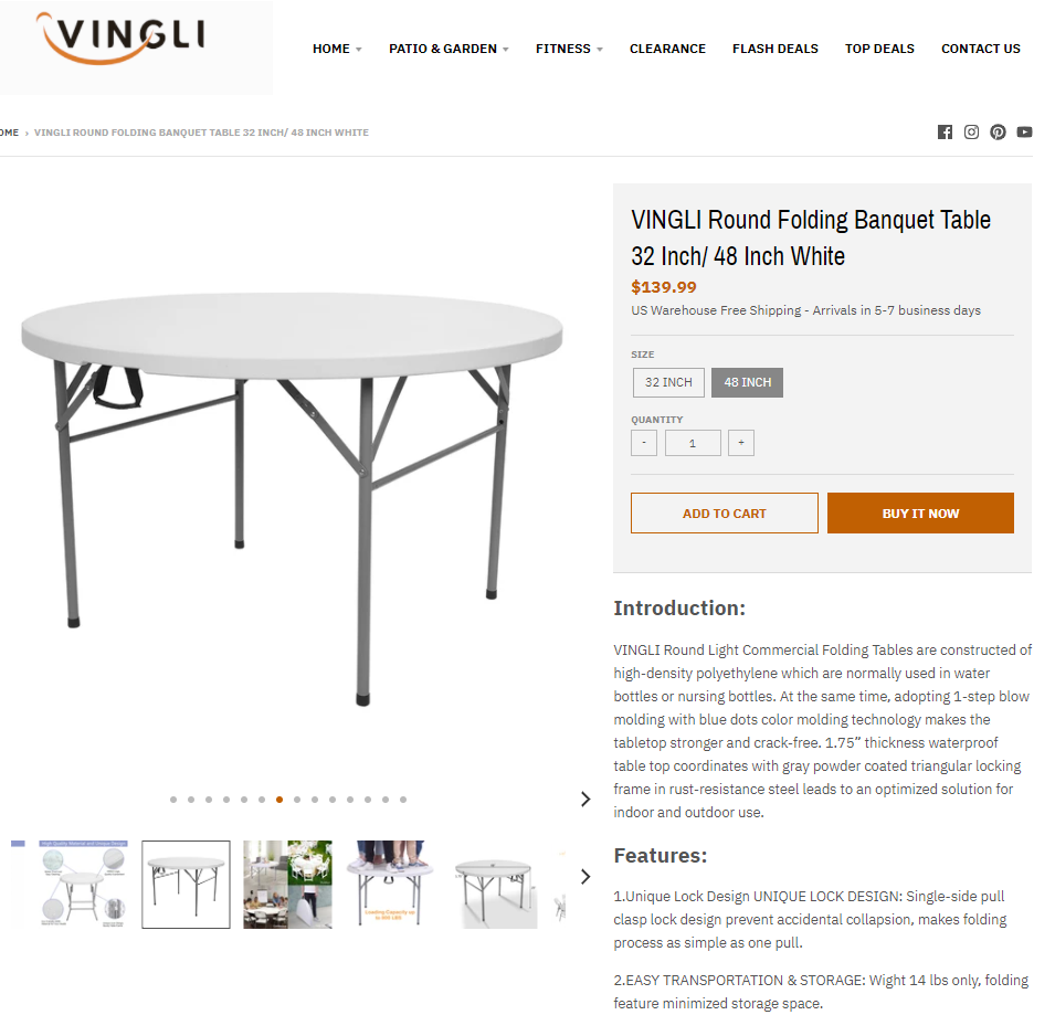 82621015 VINGLI Round Folding Banquet Table 32 Inch/ 48 Inch White G666-G26000641