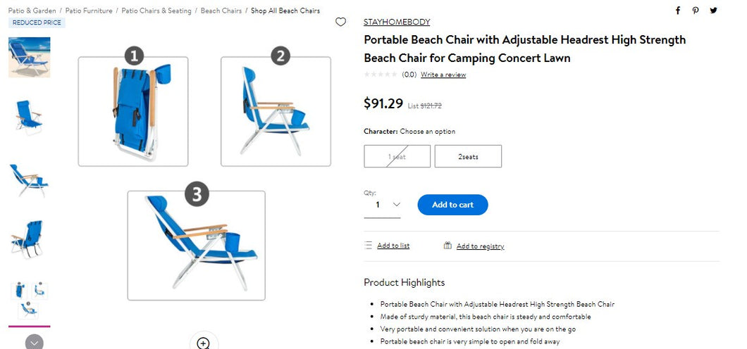 90221019 Portable Beach Chair with Adjustable Headrest High Strength Beach Chair for Camping Concert Lawn G666-13027078