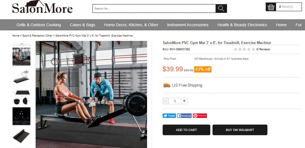 91321016 PVC Gym Mat 3' x 8', for Treadmill, Exercise Machine