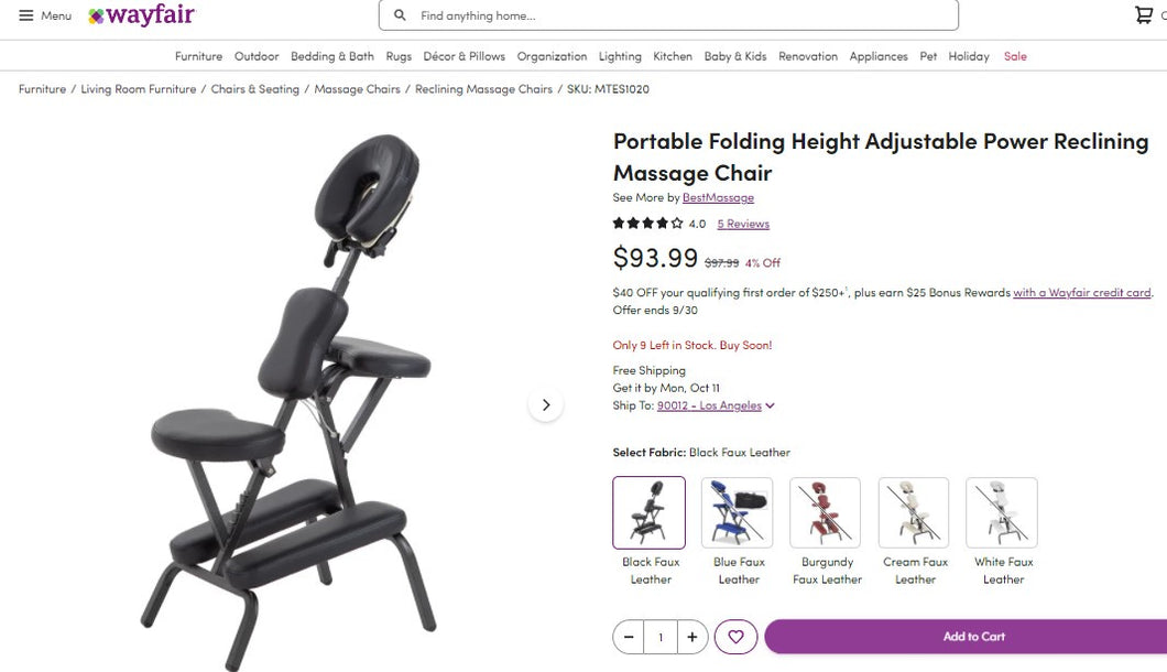 92721016 Portable Folding Height Adjustable Power Reclining Massage Chair