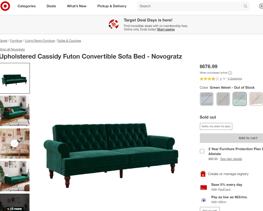 AI-Novogratz Upholstered Cassidy Futon, Convertible Couch, Green Velvet