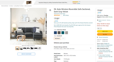 AI-Mr. Kate Winston Reversible Sofa Sectional, Dark Gray Velvet