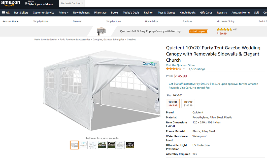 82521004 0'x20' Party Tent Gazebo Wedding Canopy with Removable Sidewalls & Elegant Church G26000512